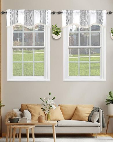 Black White Valance Boho Window Valances for Kitchen,Stripe Curtain Valance with Tassel,Scalloped Valance Rod Pocket Bathroom Window Treatment for Living Room Bedroom Ethnic Short Curtains 54x18In in Saudi Arabia
