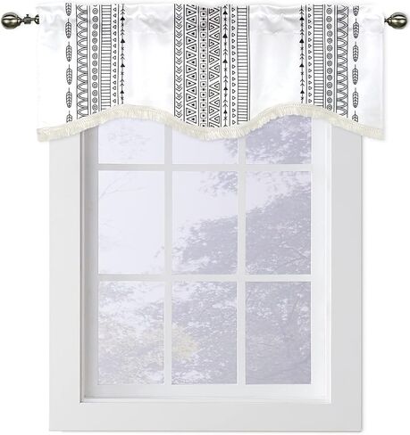 Black White Valance Boho Window Valances for Kitchen,Stripe Curtain Valance with Tassel,Scalloped Valance Rod Pocket Bathroom Window Treatment for Living Room Bedroom Ethnic Short Curtains 54x18In in Saudi Arabia