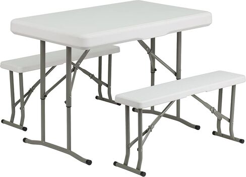 Flash Furniture Rowan 3 Piece Portable Plastic Folding Bench and Table Set,Granite White in Saudi Arabia