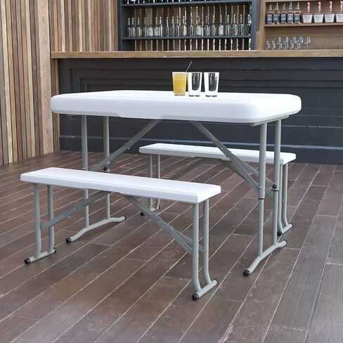 Flash Furniture Rowan 3 Piece Portable Plastic Folding Bench and Table Set,Granite White in Saudi Arabia