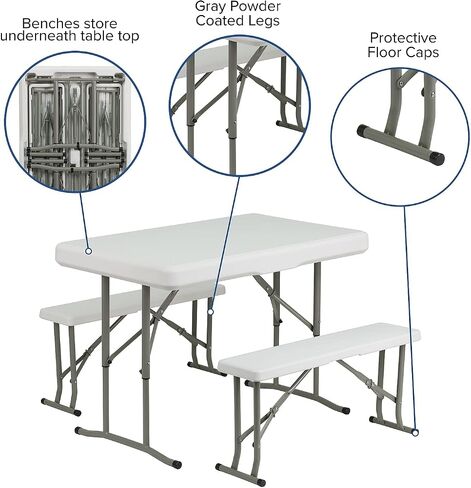 Flash Furniture Rowan 3 Piece Portable Plastic Folding Bench and Table Set,Granite White in Saudi Arabia