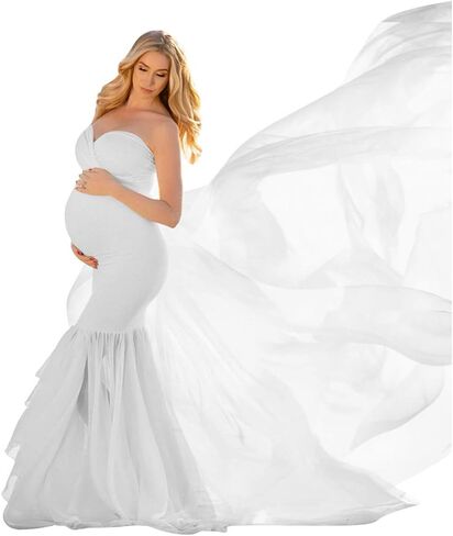 المرأة قبالة الكتف حمالة متعب حورية البحر فستان الأمومة أنيقة جاهزة ثوب الشيفون لالتقاط الصور الفوتوغرافية طفل دش in Kuwait