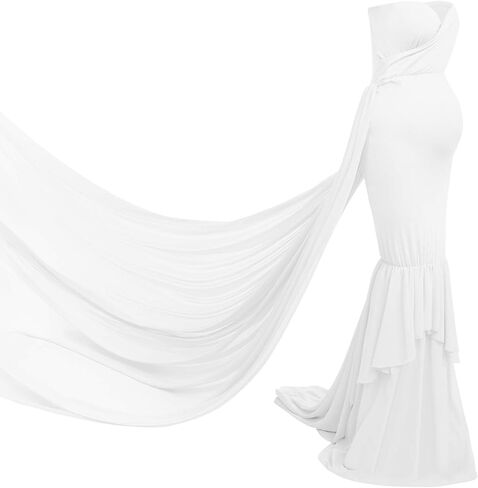 المرأة قبالة الكتف حمالة متعب حورية البحر فستان الأمومة أنيقة جاهزة ثوب الشيفون لالتقاط الصور الفوتوغرافية طفل دش in Kuwait