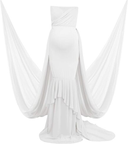 المرأة قبالة الكتف حمالة متعب حورية البحر فستان الأمومة أنيقة جاهزة ثوب الشيفون لالتقاط الصور الفوتوغرافية طفل دش in Kuwait