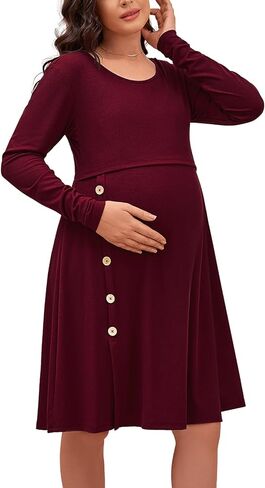 فستان حمل نسائي من DEBELLY للرضاعة الطبيعية بأكمام طويلة ورقبة دائرية ناعمة مضلعة فستان رضاعة بطول الركبة فساتين ماما in Kuwait