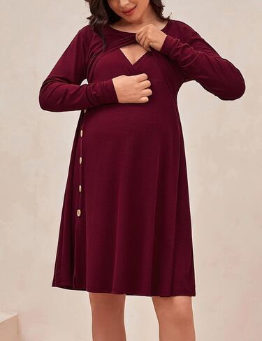 فستان حمل نسائي من DEBELLY للرضاعة الطبيعية بأكمام طويلة ورقبة دائرية ناعمة مضلعة فستان رضاعة بطول الركبة فساتين ماما in Kuwait