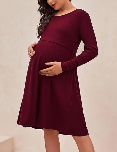 فستان حمل نسائي من DEBELLY للرضاعة الطبيعية بأكمام طويلة ورقبة دائرية ناعمة مضلعة فستان رضاعة بطول الركبة فساتين ماما in Kuwait