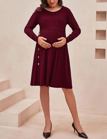 فستان حمل نسائي من DEBELLY للرضاعة الطبيعية بأكمام طويلة ورقبة دائرية ناعمة مضلعة فستان رضاعة بطول الركبة فساتين ماما in Kuwait