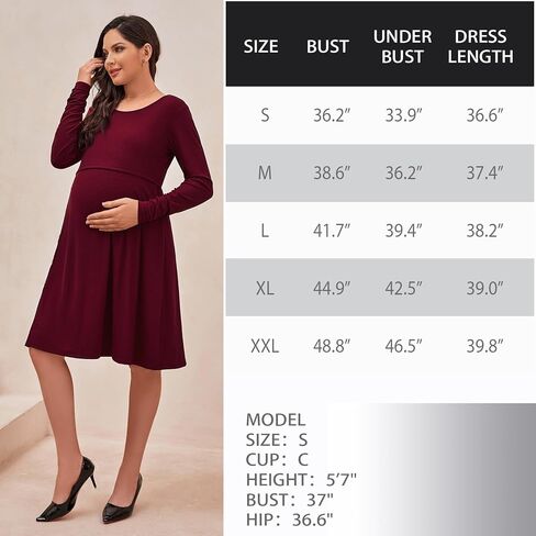 فستان حمل نسائي من DEBELLY للرضاعة الطبيعية بأكمام طويلة ورقبة دائرية ناعمة مضلعة فستان رضاعة بطول الركبة فساتين ماما in Kuwait