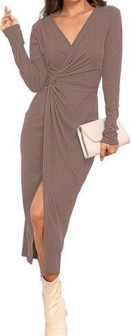 فستان سترة نسائي من Hunt لخريف 2023 بياقة على شكل V وأكمام طويلة، فستان كوكتيل ميدي منسوج مضلع غير رسمي مع فتحة in Kuwait