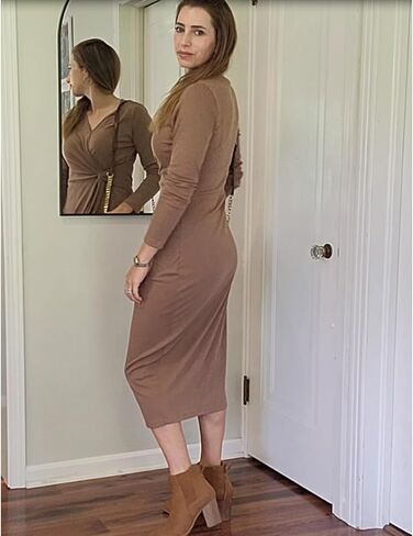 فستان سترة نسائي من Hunt لخريف 2023 بياقة على شكل V وأكمام طويلة، فستان كوكتيل ميدي منسوج مضلع غير رسمي مع فتحة in Kuwait