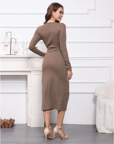 فستان سترة نسائي من Hunt لخريف 2023 بياقة على شكل V وأكمام طويلة، فستان كوكتيل ميدي منسوج مضلع غير رسمي مع فتحة in Kuwait