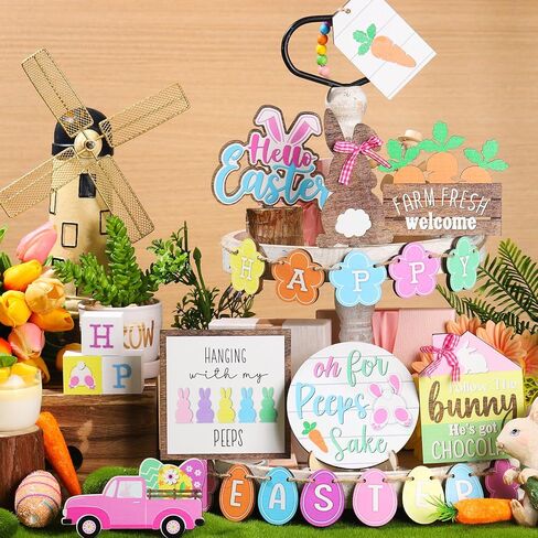 عيد الفصح صينية متدرجة ديكور سعيد عيد الفصح صينية متدرجة زخرفة ريفي مزرعة الربيع ديكور الأرنب شاحنة جنوم بيضة عيد الفصح ديكور الربيع علامة خشبية لديكور المنزل الجدول (نمط أنيق) in Kuwait