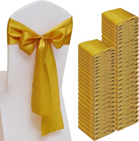 Vibera 50 قطعة من أوشحة كرسي الساتان الذهبي لكرسي الزفاف وأقواس الكرسي وأوشحة الكرسي وغطاء الكرسي للكراسي القابلة للطي لتزيين المنزل في حفلة عيد الشكر (ذهبي 7 × 108 بوصة) in Kuwait