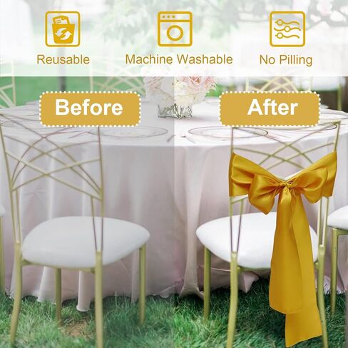 Vibera 50 قطعة من أوشحة كرسي الساتان الذهبي لكرسي الزفاف وأقواس الكرسي وأوشحة الكرسي وغطاء الكرسي للكراسي القابلة للطي لتزيين المنزل في حفلة عيد الشكر (ذهبي 7 × 108 بوصة) in Kuwait
