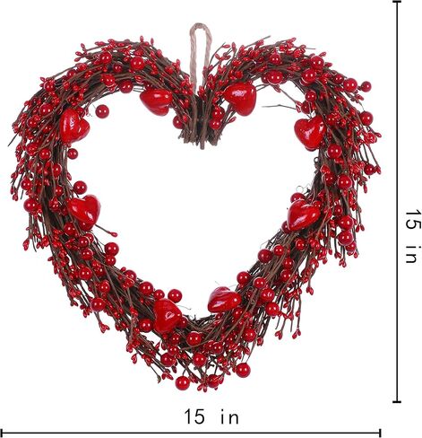 إكليل عيد الحب من violetEverGarden، إكليل على شكل قلب مقاس 15 بوصة مع التوت الأحمر والقلوب الوردية الصغيرة لديكور مهرجان الزفاف في عيد الحب in Saudi Arabia