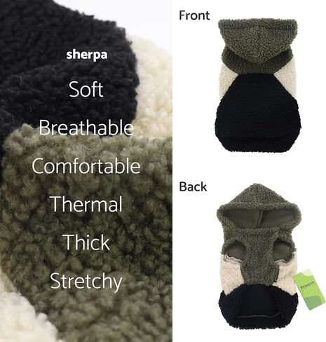 Fitwarm Vest Sherpa Dog Hoodie، ملابس للكلاب الصغيرة، صبي فتاة، سترة شتوية للحيوانات الأليفة، ملابس للقطط، أخضر، أسود، X-Small in Kuwait