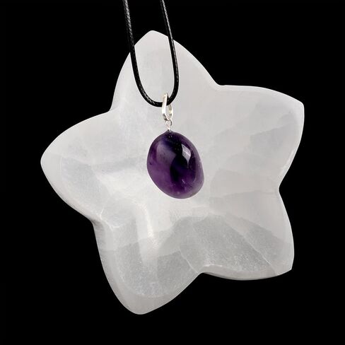 وعاء ويش ويل ستار سيلينيت مع قلادة الجمشت - تم استخراجه وصنعه في المغرب - وعاء كريستال سيلينيت مقاس 4 بوصات - مثالي لتنظيف وإعادة شحن البلورات وأحجار الشفاء والتأمل والديكور in Kuwait