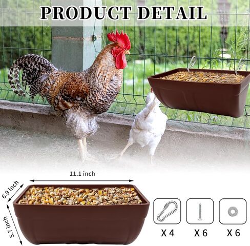 2 عبوة من حوض تغذية الدجاج مع مشابك معلقة لتغذية السياج للماعز والدجاج والبط والأوز والغزلان والأغنام والخنازير وحاوية تغذية دلو مياه الدواجن لمستلزمات تغذية الماشية والماعز (بني) in Kuwait