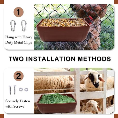 2 عبوة من حوض تغذية الدجاج مع مشابك معلقة لتغذية السياج للماعز والدجاج والبط والأوز والغزلان والأغنام والخنازير وحاوية تغذية دلو مياه الدواجن لمستلزمات تغذية الماشية والماعز (بني) in Kuwait