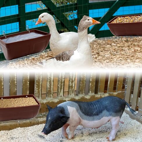 2 عبوة من حوض تغذية الدجاج مع مشابك معلقة لتغذية السياج للماعز والدجاج والبط والأوز والغزلان والأغنام والخنازير وحاوية تغذية دلو مياه الدواجن لمستلزمات تغذية الماشية والماعز (بني) in Kuwait