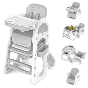 5 in 1 Baby High Chair, Convertible Toddler Table Chair Set, Drawing Board, Building Block Table, Multi-Function Seat with Footrest, Adjustable Seat Back, Removable Trays