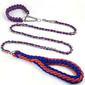 Dog Rope Chain Leashes with Reflective Collar, Nylon Rope Intertwined The Metal Chain for Pet Leads. 6ft Heavy Duty Chew Proof Training Walking for Medium Large Dogs. (M, Red&Blue) in Kuwait