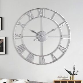 Large Wall Clock, Metal Retro Roman Numeral Clock, Modern Round Wall Clocks Almost Silent, Easy to Read for Living Room/Home/Kitchen/Bedroom/Office/School Decor (Silver, 16 Inch) in Kuwait
