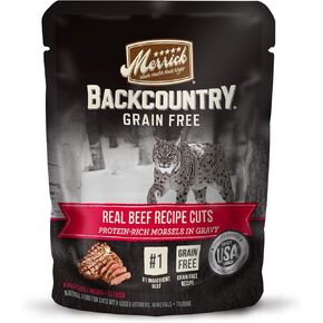 Merrick Backcountry وصفة لحم البقر الحقيقي الخالي من الحبوب، قطع طعام القطط الرطب، أكياس 3 أونصة، (عبوة من 24 كيسًا) in Kuwait