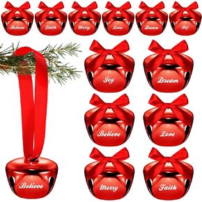 12 Pieces 1.5 inches Christmas Bell Ornament Sleigh Bell with Red Ribbon Believe Joy Love Merry Dream Faith Metal Bells Christmas Tree Hanging Bell Decorations for Xmas Home Decoration (Bronze)