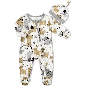 ملابس أطفال أولادي، قطعة واحدة لطيفة بنمط مطبوع وسحاب للقدم وقبعة مكونة من قطعتين من ملابس الأطفال الأولاد in Kuwait