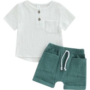 Molgkyo Toddler Baby Boy Summer Clothes Short Sleeve Buttons T-Shirt Tops Drawstring Shorts Sets 2Pcs Cotton Linen Outfits