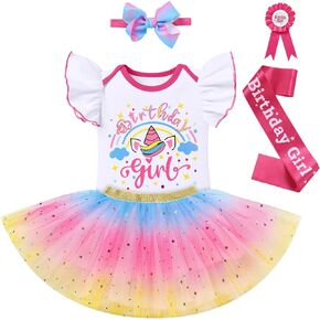 IDOPIP Rainbow Unicorn 1st 2nd 3rd Birthday Girl Outfit Baby Romper Tutu Skirt Headband Sash Badge 5PCS Cake Smash Clothes