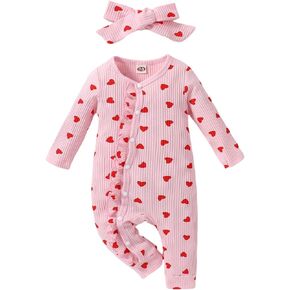 BOUTIKOME Infant Baby Girl Valentines Day Outfit Love Heart Print Footie Romper Ruffle One Piece Onesie Newborn Headband