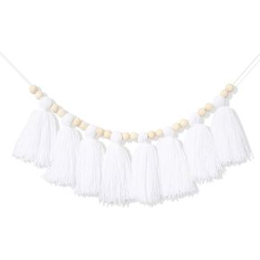 BOOMPA White Wood Bead Tassel Banner - White Yarn Tassel Garland Boho Decor, Beaded Tassel Bunting for Home, Boho Nursery Wall Hanging,Winter Onederland Decor,Baby Bridal Shower Party Supplies in Kuwait