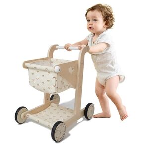 Hopscotch Squad Baby Wooden Shopping Cart Push Pull Walker Doll Stroller for Toddler, Pretend Peducational Learning Walker, Play Wagon with Rubber Wheel, Larger Size 16.5" x 111.4" x 18"