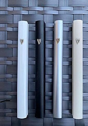 حافظة A&S Mezuzot Alumium Mezuzah باللون الفضي بتصميم شين مقاوم للطقس، باب Mezuza Judaica Art لمباركة المنزل (أسود، 5 بوصات) in Saudi Arabia