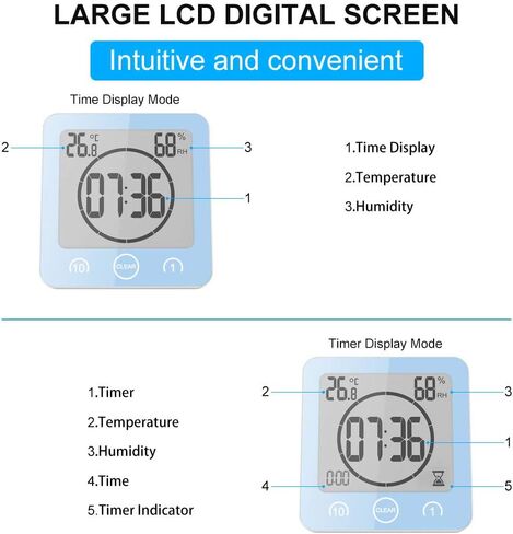 AOZBZ Waterproof Shower Clock - Digital Bathroom Wall Clock Shower Timer for Kids Large Screen Indoor Wall Clock with Temperature Display and Suction Cup (Grey) in Saudi Arabia