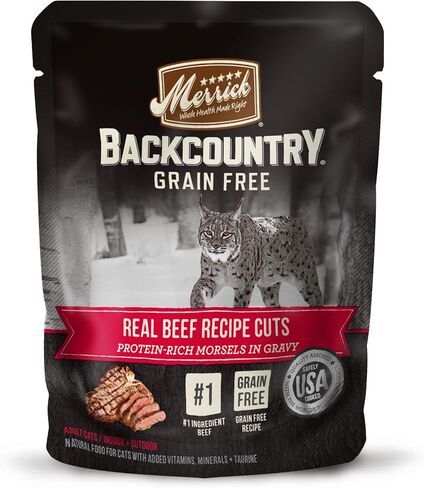 Merrick Backcountry وصفة لحم البقر الحقيقي الخالي من الحبوب، قطع طعام القطط الرطب، أكياس 3 أونصة، (عبوة من 24 كيسًا) in Kuwait