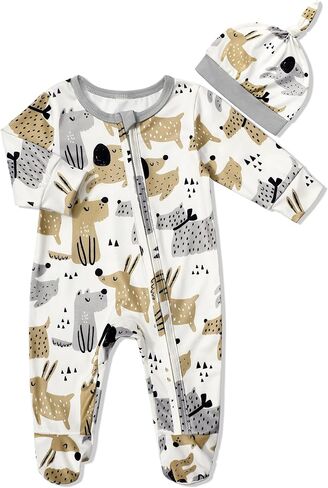 ملابس أطفال أولادي، قطعة واحدة لطيفة بنمط مطبوع وسحاب للقدم وقبعة مكونة من قطعتين من ملابس الأطفال الأولاد in Kuwait