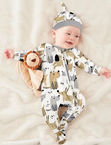 ملابس أطفال أولادي، قطعة واحدة لطيفة بنمط مطبوع وسحاب للقدم وقبعة مكونة من قطعتين من ملابس الأطفال الأولاد in Kuwait