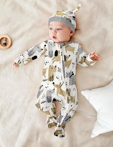 ملابس أطفال أولادي، قطعة واحدة لطيفة بنمط مطبوع وسحاب للقدم وقبعة مكونة من قطعتين من ملابس الأطفال الأولاد in Kuwait