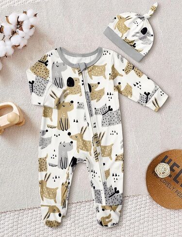 ملابس أطفال أولادي، قطعة واحدة لطيفة بنمط مطبوع وسحاب للقدم وقبعة مكونة من قطعتين من ملابس الأطفال الأولاد in Kuwait