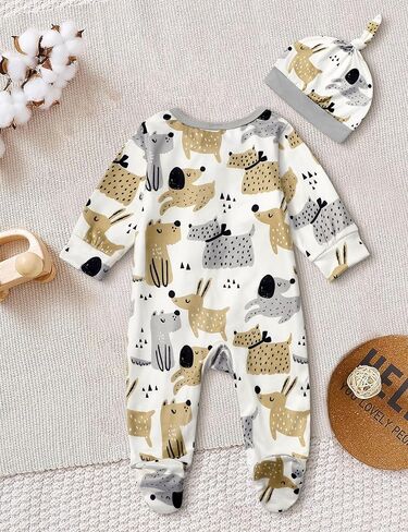 ملابس أطفال أولادي، قطعة واحدة لطيفة بنمط مطبوع وسحاب للقدم وقبعة مكونة من قطعتين من ملابس الأطفال الأولاد in Kuwait