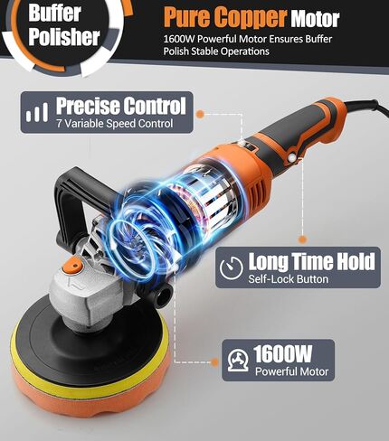ملمع عازل للسيارة من دكينيكور، 1600 وات 7 بوصة/6 بوصة، ملمع شمعي للسيارة، 7 سرعات متغيرة 1000-3500 دورة في الدقيقة، مقبض قابل للفصل للسيارة، صنفرة القوارب، التلميع، إزالة الشعر بالشمع in Kuwait