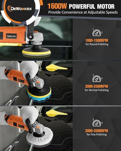 ملمع عازل للسيارة من دكينيكور، 1600 وات 7 بوصة/6 بوصة، ملمع شمعي للسيارة، 7 سرعات متغيرة 1000-3500 دورة في الدقيقة، مقبض قابل للفصل للسيارة، صنفرة القوارب، التلميع، إزالة الشعر بالشمع in Kuwait