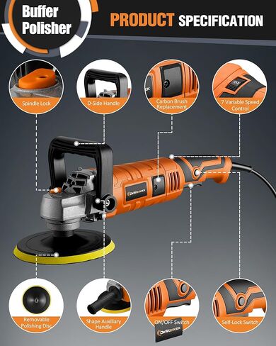 ملمع عازل للسيارة من دكينيكور، 1600 وات 7 بوصة/6 بوصة، ملمع شمعي للسيارة، 7 سرعات متغيرة 1000-3500 دورة في الدقيقة، مقبض قابل للفصل للسيارة، صنفرة القوارب، التلميع، إزالة الشعر بالشمع in Kuwait