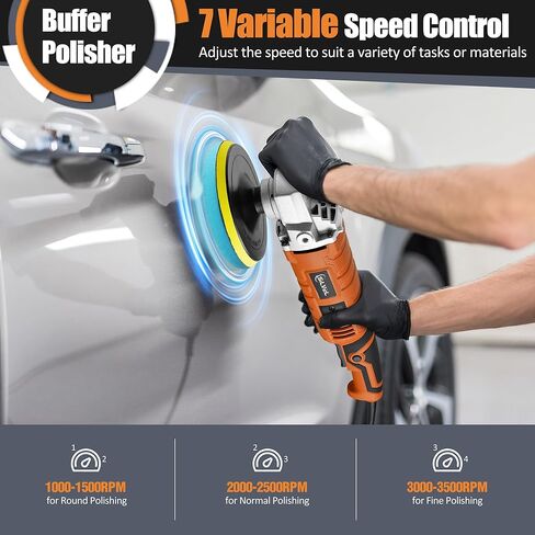 ملمع عازل للسيارة من دكينيكور، 1600 وات 7 بوصة/6 بوصة، ملمع شمعي للسيارة، 7 سرعات متغيرة 1000-3500 دورة في الدقيقة، مقبض قابل للفصل للسيارة، صنفرة القوارب، التلميع، إزالة الشعر بالشمع in Kuwait