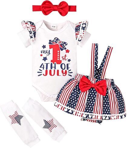 ملابس DOMOABEI My Fisrt 4th من يوليو لحديثي الولادة ملابس للأطفال الرضع في 4th من يوليو ملابس للبنات تنورة بحمالات ذات علم أمريكي لطيف in Kuwait