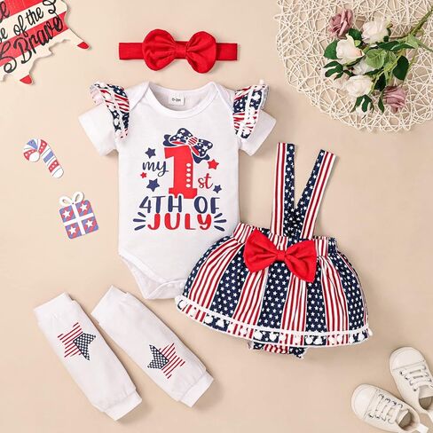 ملابس DOMOABEI My Fisrt 4th من يوليو لحديثي الولادة ملابس للأطفال الرضع في 4th من يوليو ملابس للبنات تنورة بحمالات ذات علم أمريكي لطيف in Kuwait